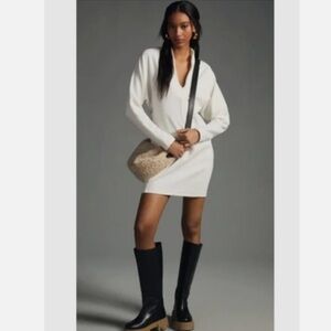 Anthropologie Daily Practice Plunge V Neck Ivory Long Sleeve Dress Large NWT